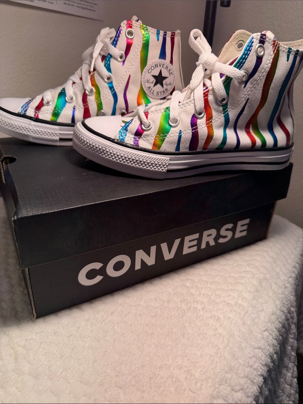 Converse High Top Sneakers in White with Multicolor Stripe Accents